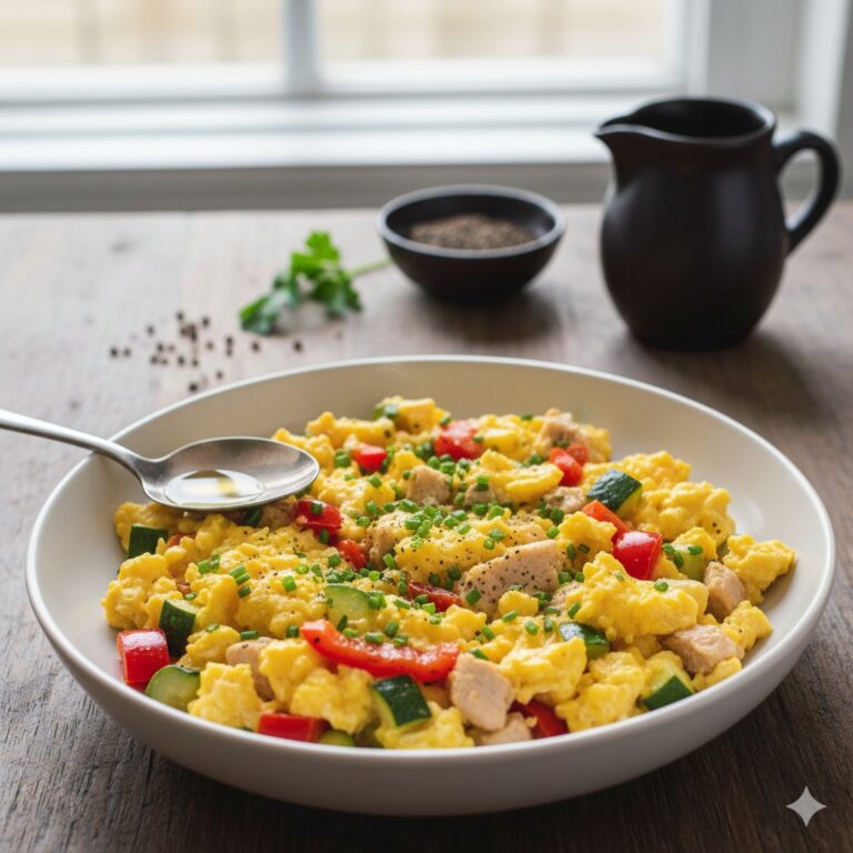 Jajecznica z warzywami i indykiem – wysokobiałkowe śniadanie